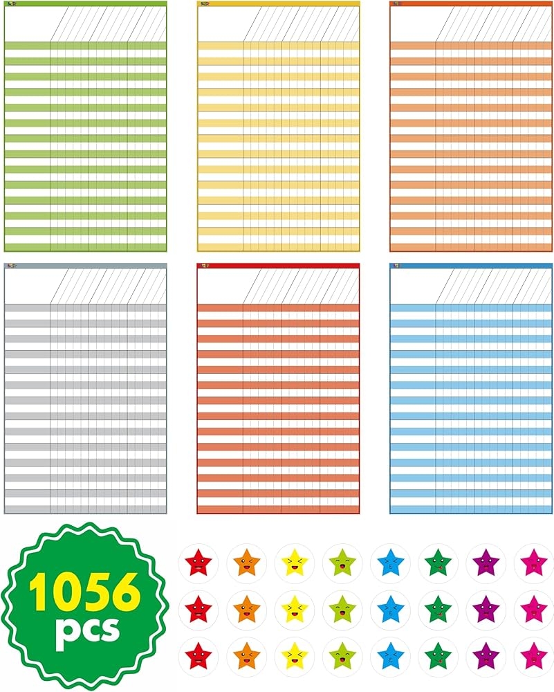 6 Pack Dry Erase Incentive Chart 6 Multi Color Tracking Chart With 1056 Reward Stars For Chore Responsibility School Attendance Homework Progress Tracking 27 Rows X 15 Columns 11