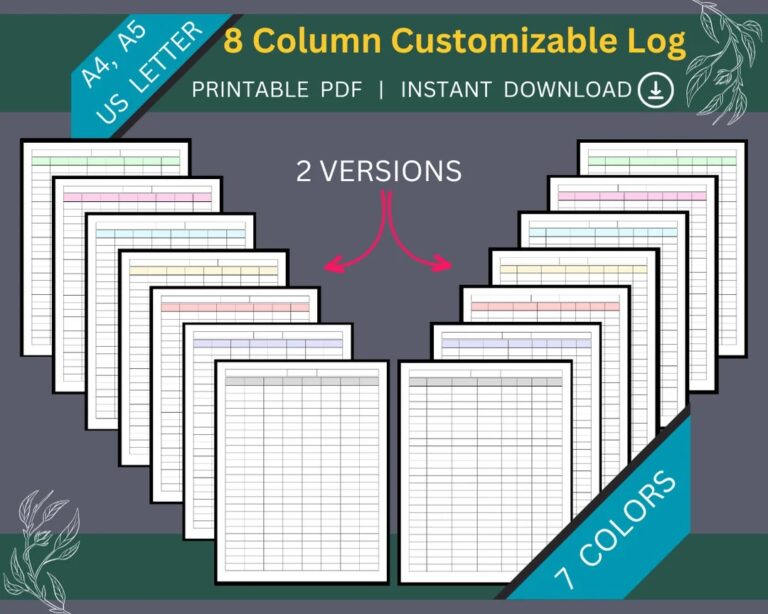 8 Column Customizable Log 8 Column Customizable Sheet 