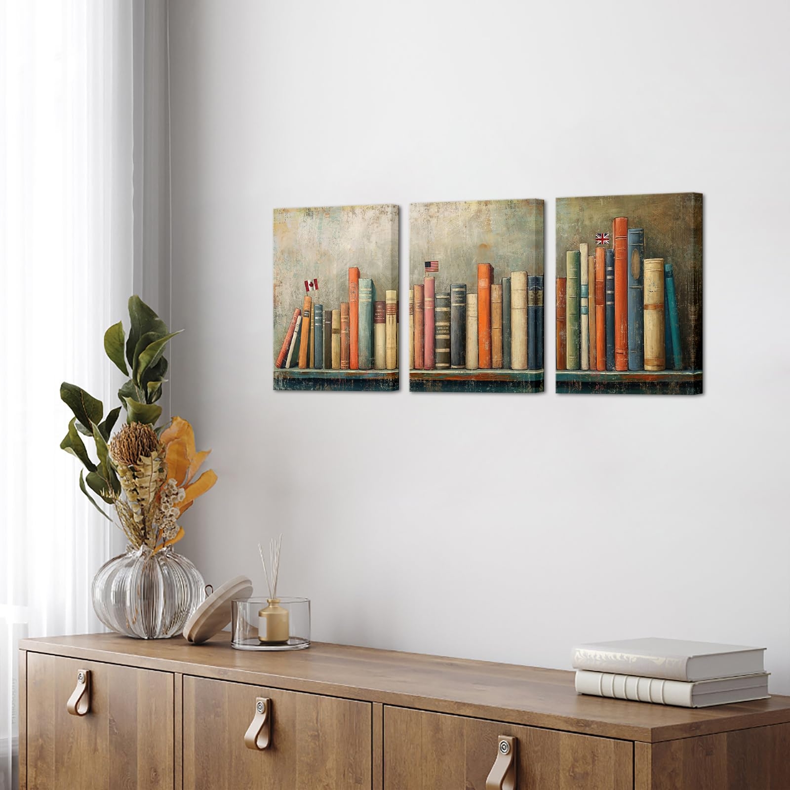 AoArtWZ Vintage Books Canvas Wall Art 3 Pieces Rustic Bar Chart Curve Prints Pictures Study Room Wall Decor Framed Artwork 12
