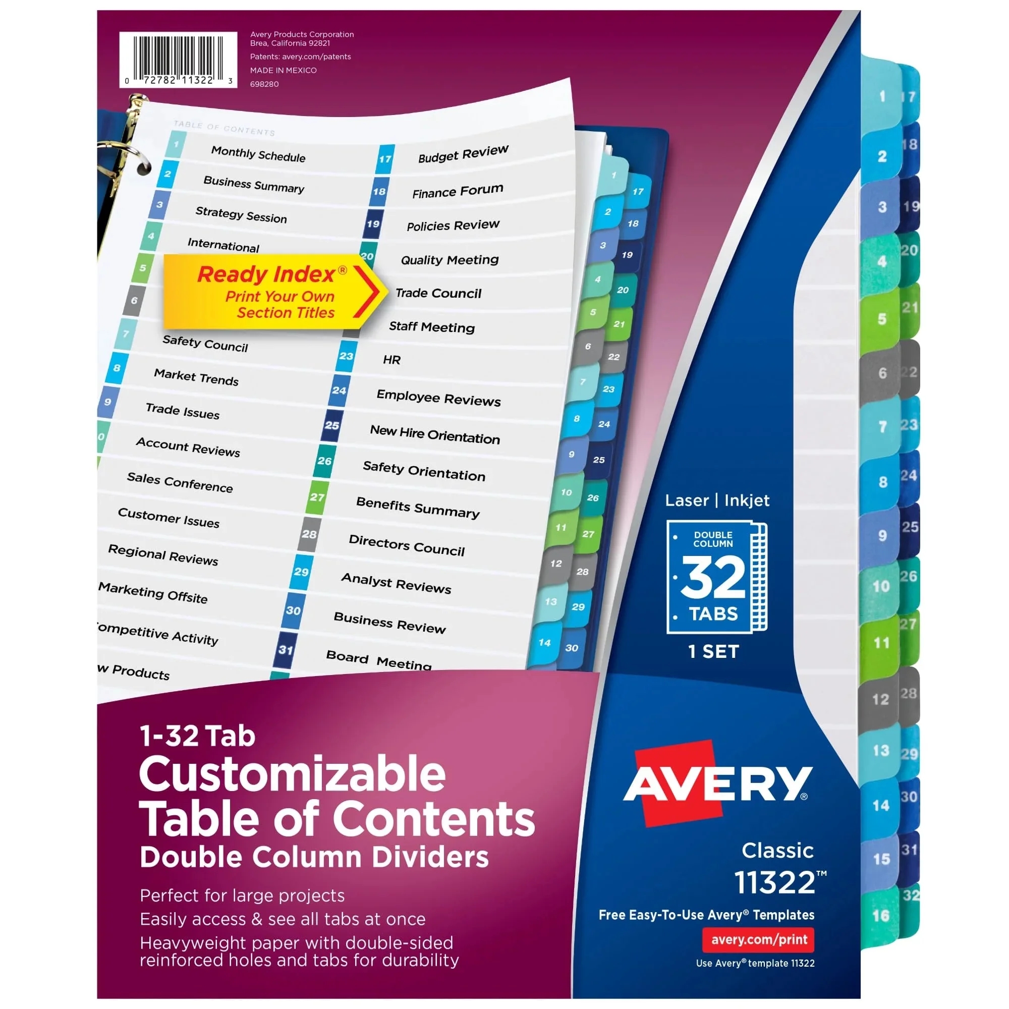 Avery 32 Tab Double Column 3 Ring Binder Dividers Printable Table Of Contents Multicolor Tabs 1 Set 11322 Walmart Business Supplies