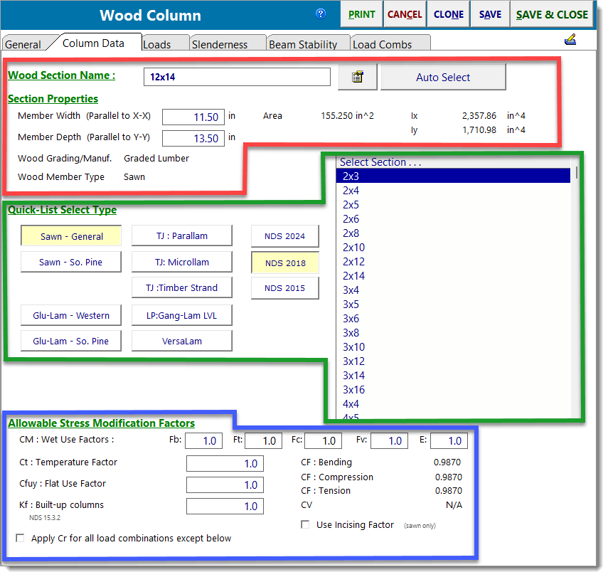 Calculation Modules U003e Columns U003e Wood Column