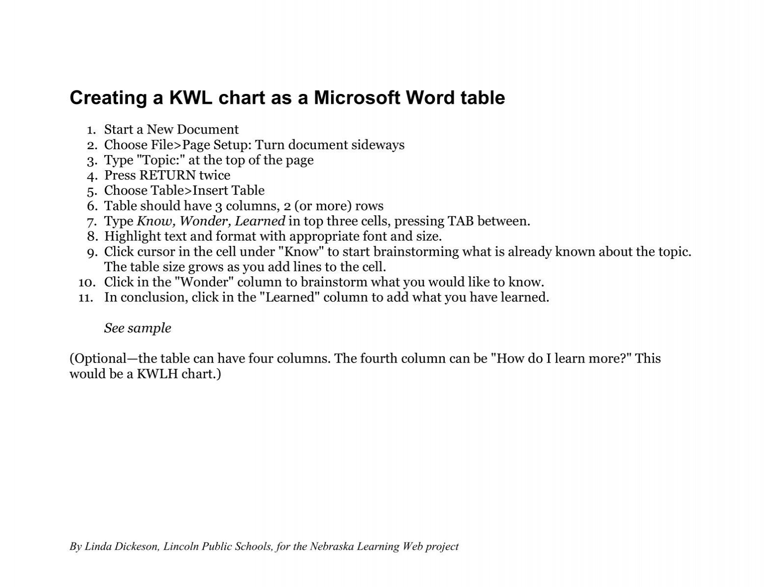 Creating A KWL Chart As A Microsoft Word Table