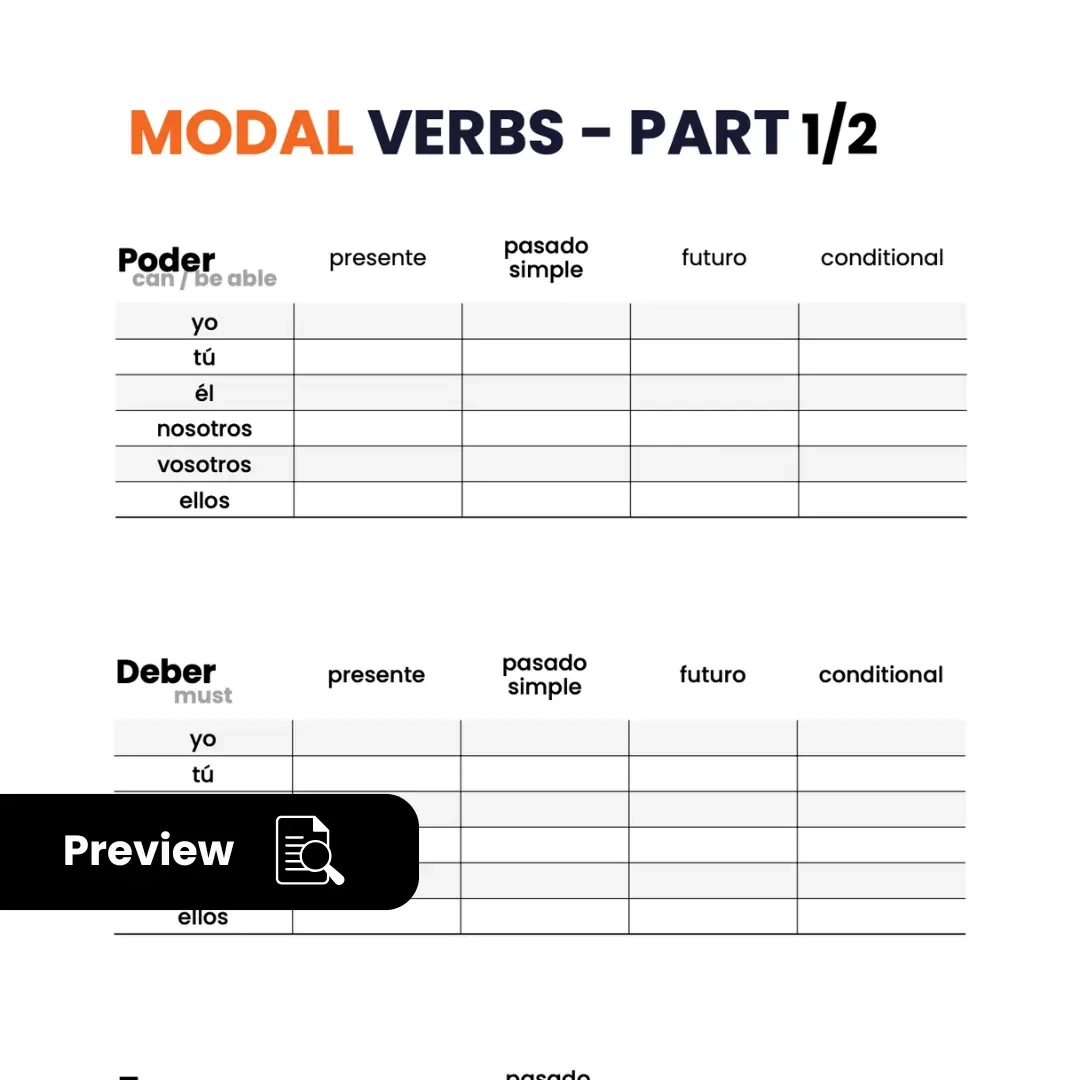 2 Column Chart For Spanish Vocabulary