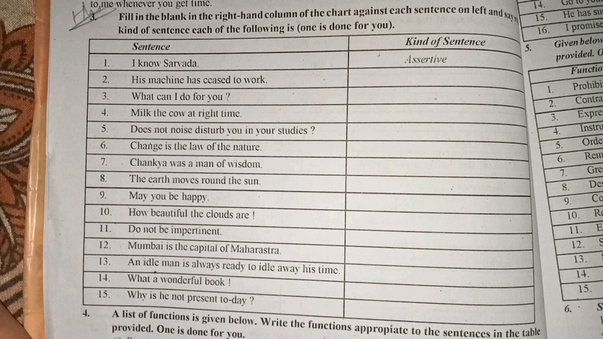 Fill In The Blank In The Right hand Column Of The Chart Against Each Sent 