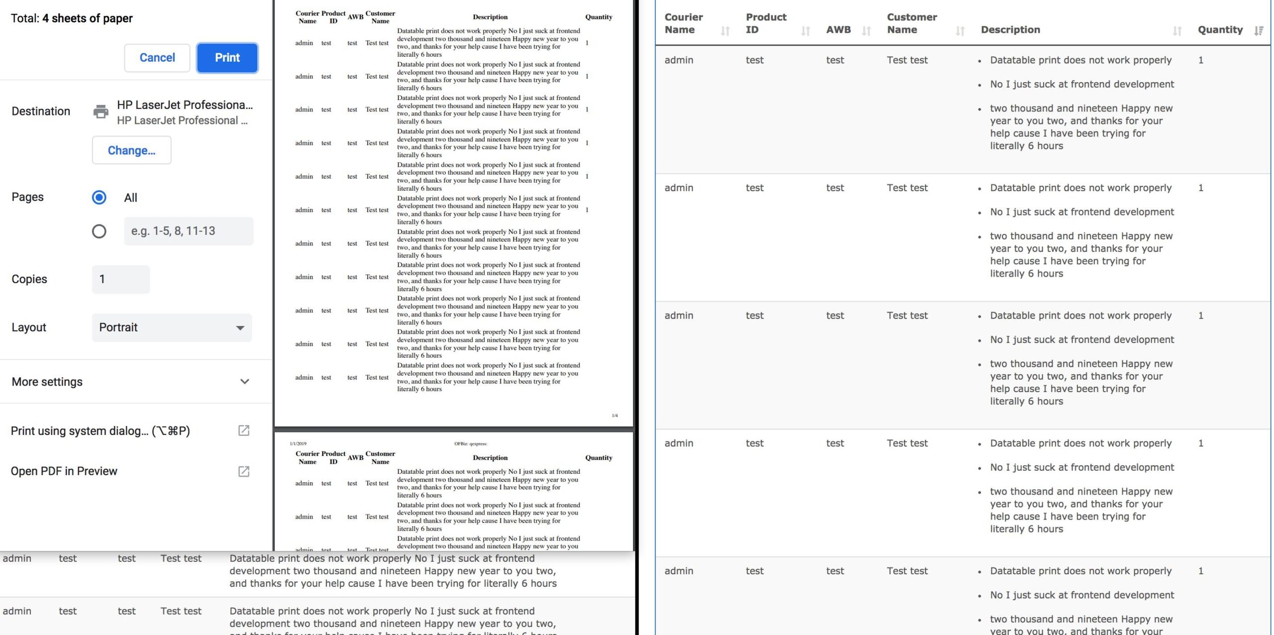 Javascript Datatables Print Not Presenting List Elements 