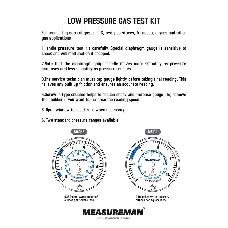 Measureman Natural Gas Or LP Gas Manifold Pressure Test Kit 0 35 