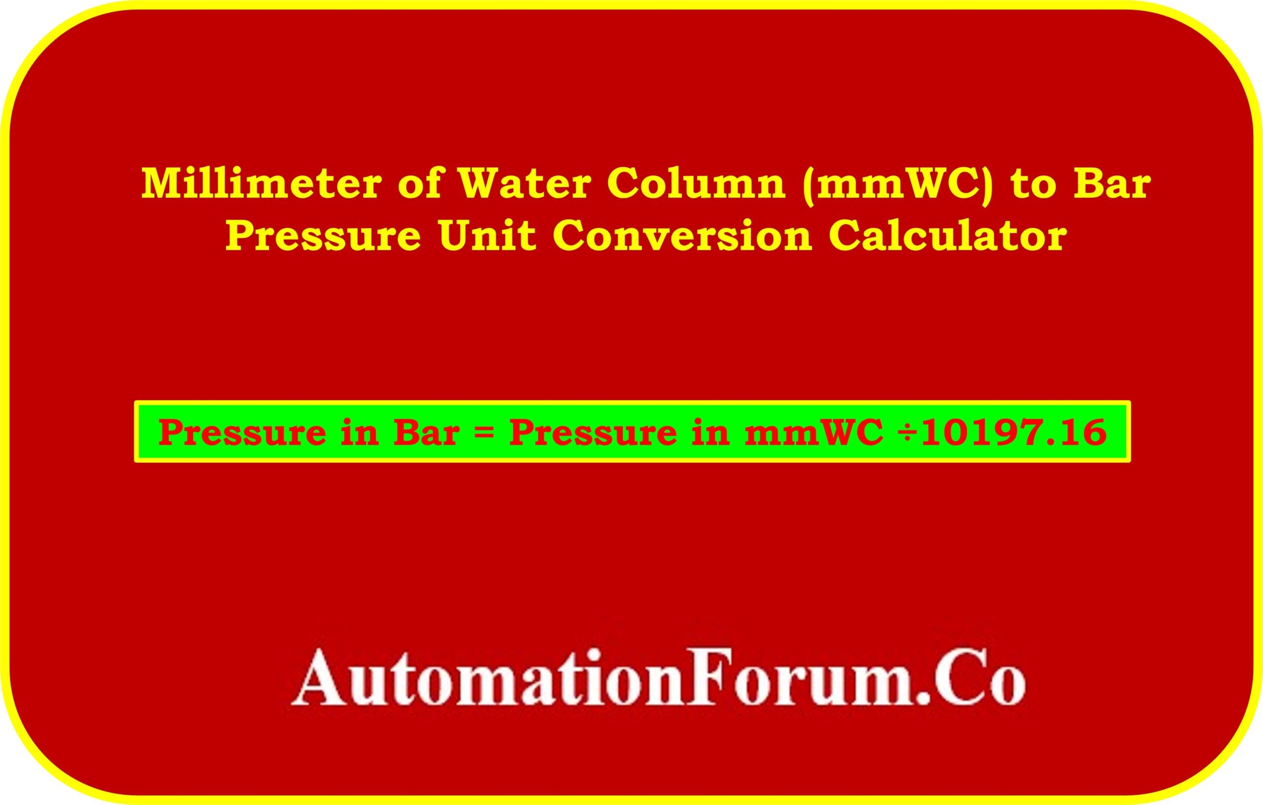 Millimeter Of Water Column mmWC To Bar Pressure Unit Conversion 