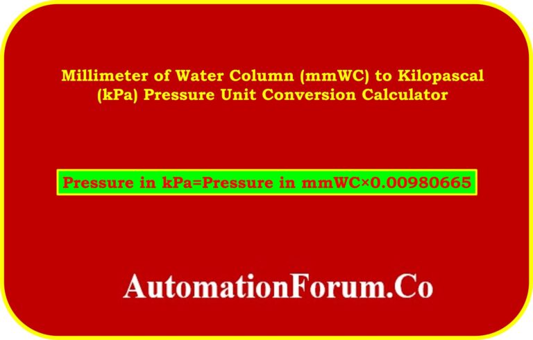 Millimeter Of Water Column mmWC To Kilopascal kPa Pressure Unit Conversion Calculator