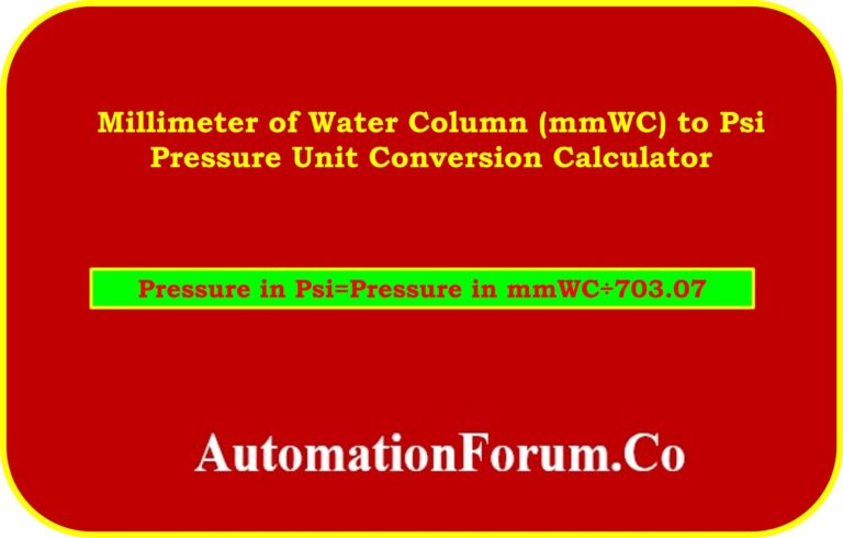Millimeter Of Water Column mmWC To Psi Pressure Unit Conversion 