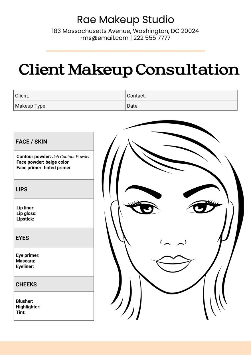 MUA Client Makeup Consultation Face Chart In Illustrator PDF 