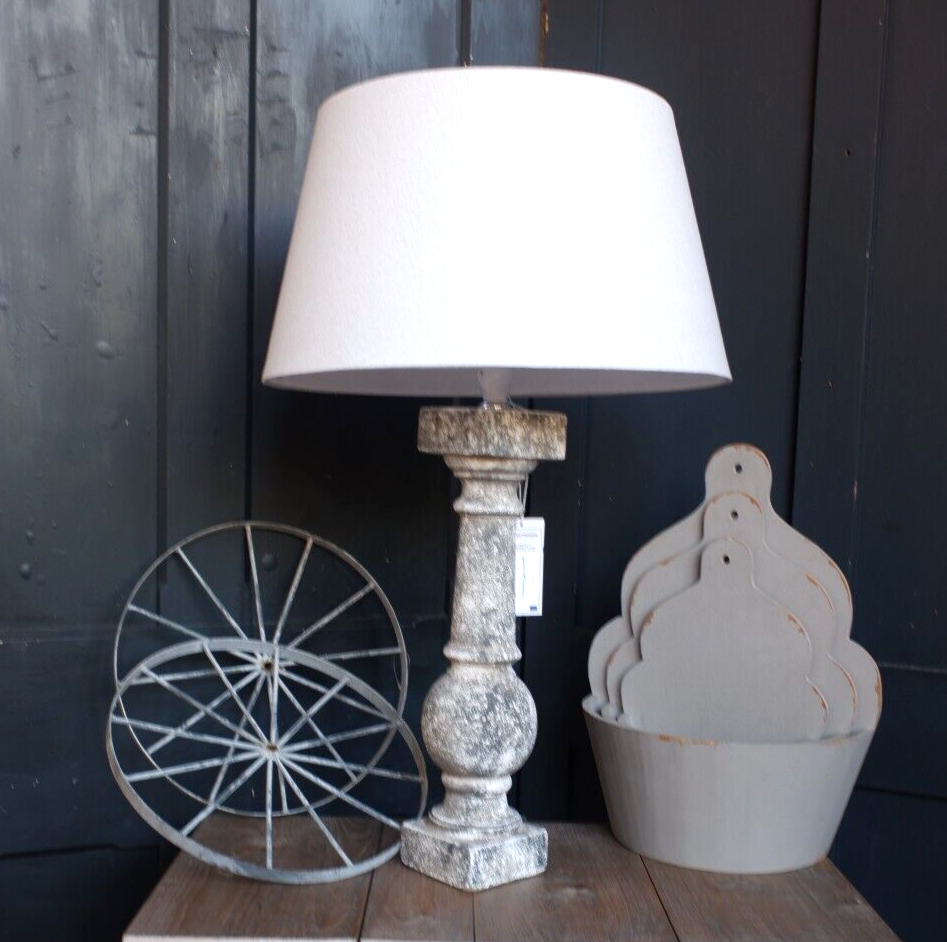 New Column Table Lamp Base Shabby Chic Rustic GREY Natural Stone W Linen Shade