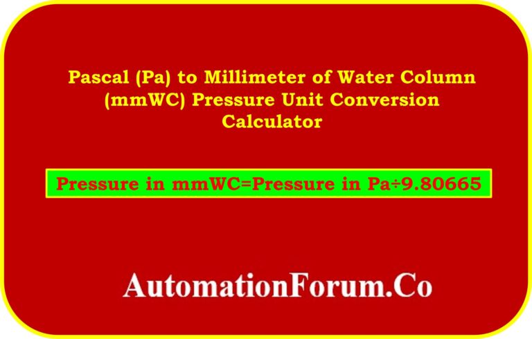 Pascal Pa To Millimeter Of Water Column mmWC Pressure Unit Conversion Calculator