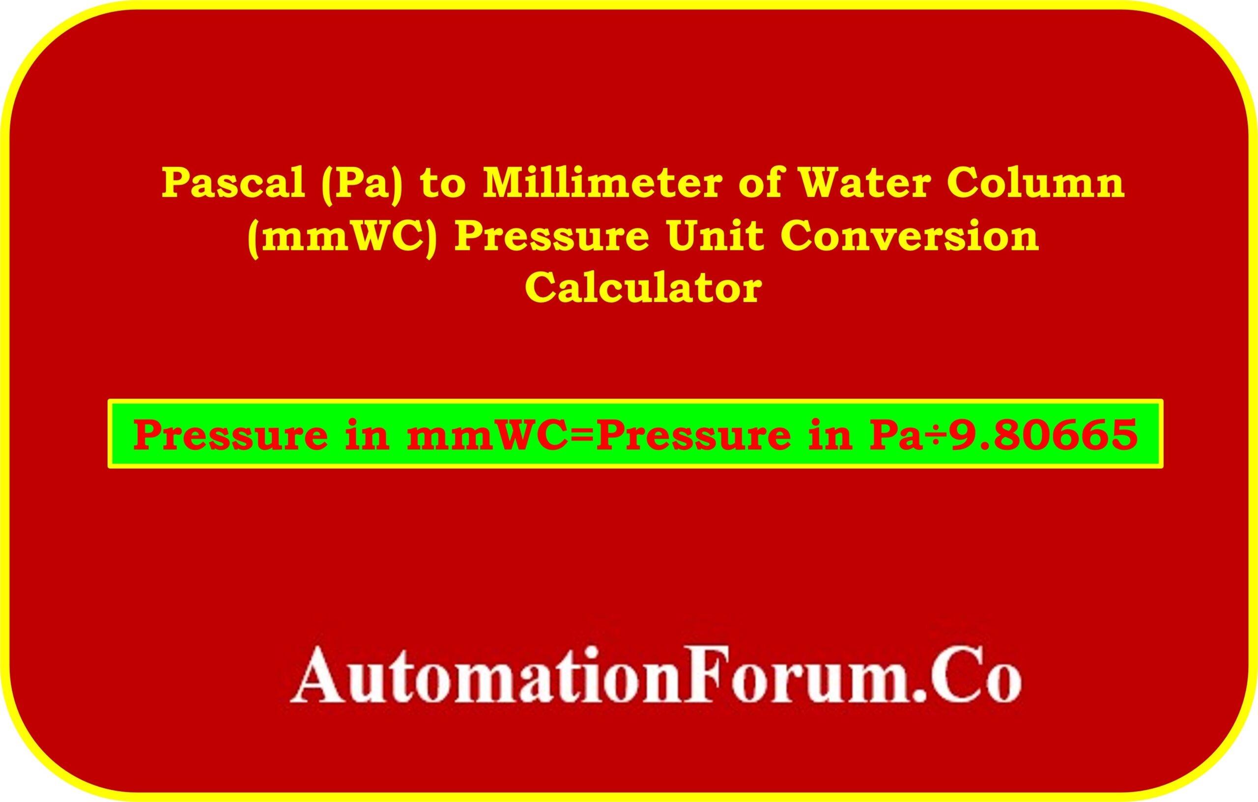 Pascal Pa To Millimeter Of Water Column mmWC Pressure Unit Conversion Calculator