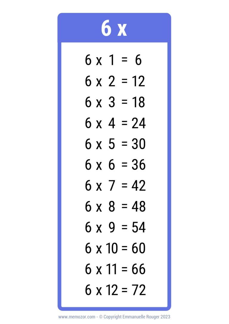 Pretty 6 Times Table Chart Print For Free many Colors Memozor