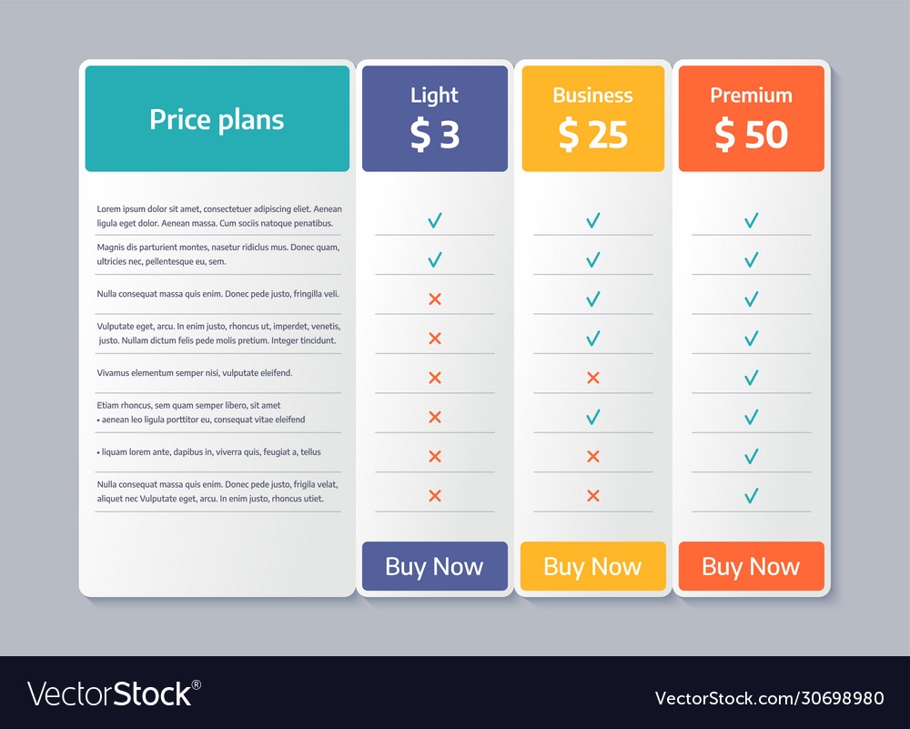 Price Table Comparison Template With 3 Columns Vector Image