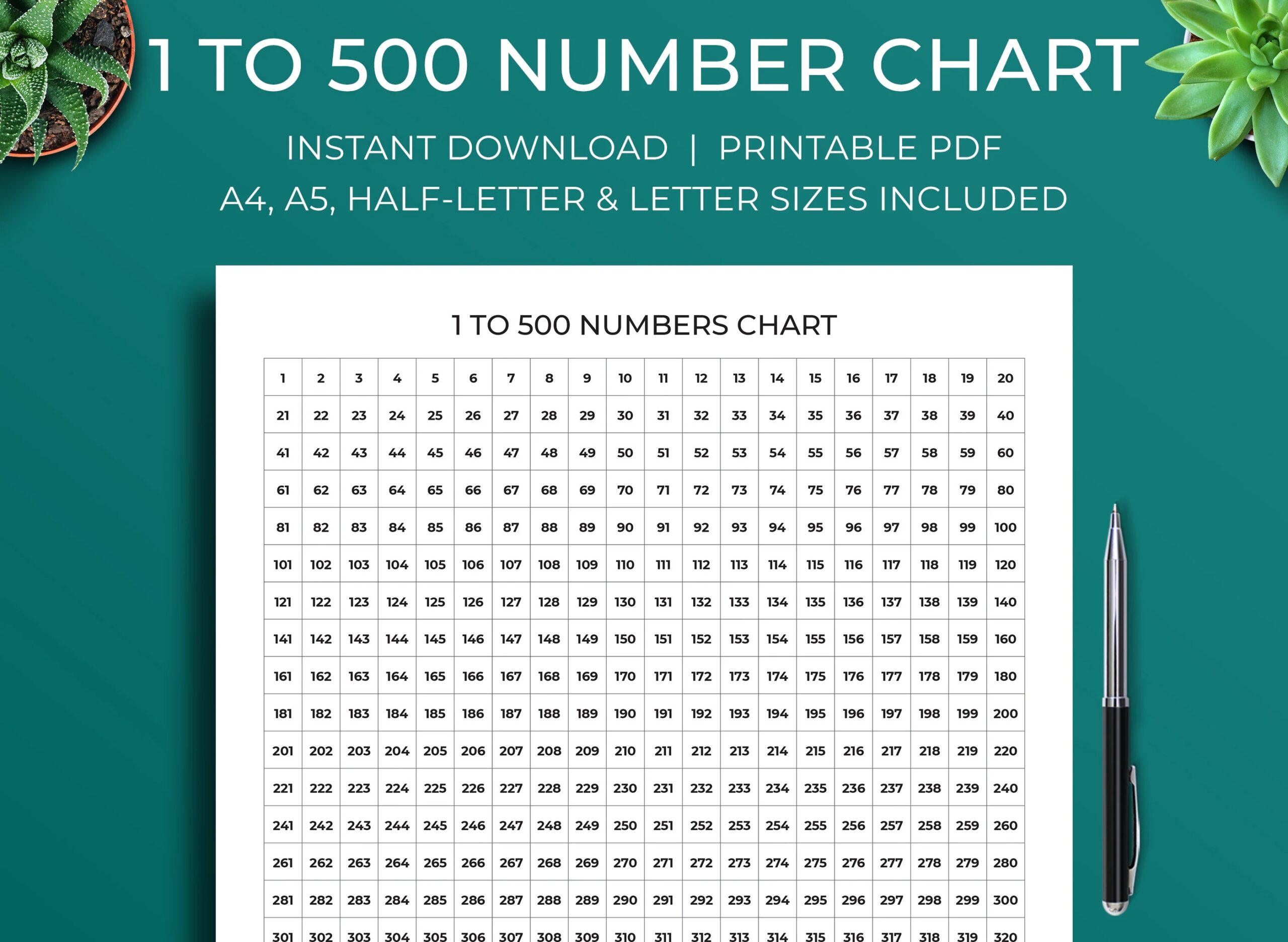 Printable 1 To 500 Number Chart A4 A5 Half Letter Letter Sizes Minimalist Printable Instant Download PDF Instant Download