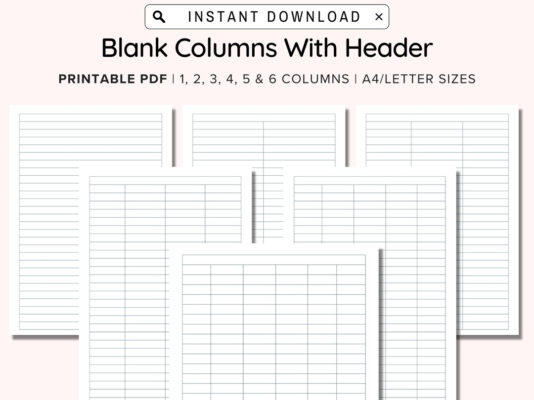 Printable Blank Columns Charts With Header One Two Three Four Five And Six Columns Table Worksheets PDF A4 letter Instant Download Etsy