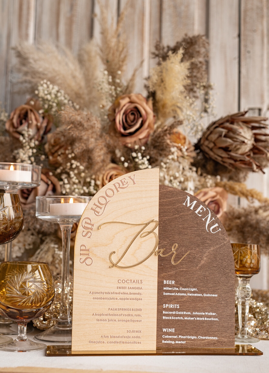 Rustic Wooden Arch Bar Menu Combo Wood U0026 Plexi Glass Gold Drink Bar Menu Sign With Stand Wooden Country Barn Wooden Table Bar Menu U0026 Coctails Combo Rustical Wedding Table Decor Wedding
