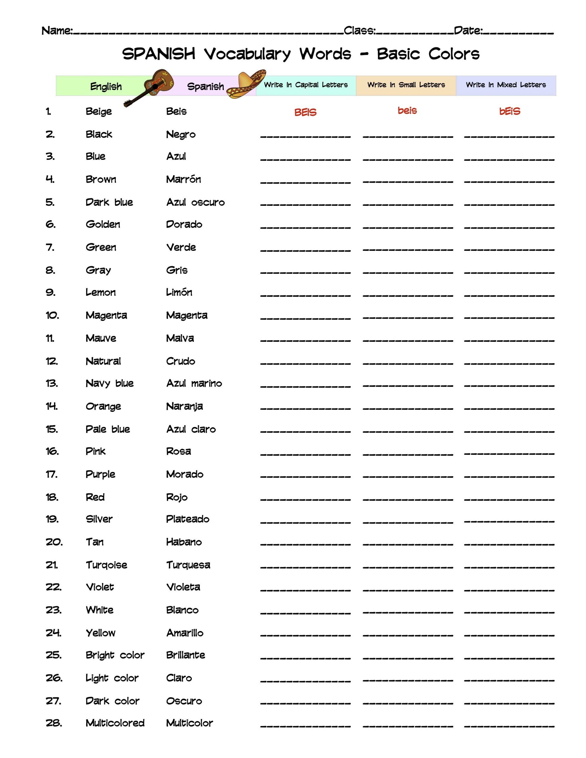 Spanish Basic Colors Vocabulary Word List Column Worksheet Made 