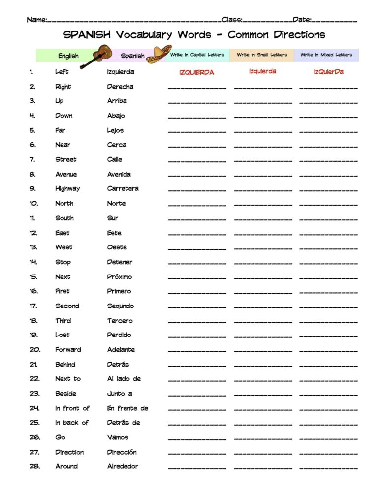 Spanish Common Directions Vocabulary Word List Column Worksheet
