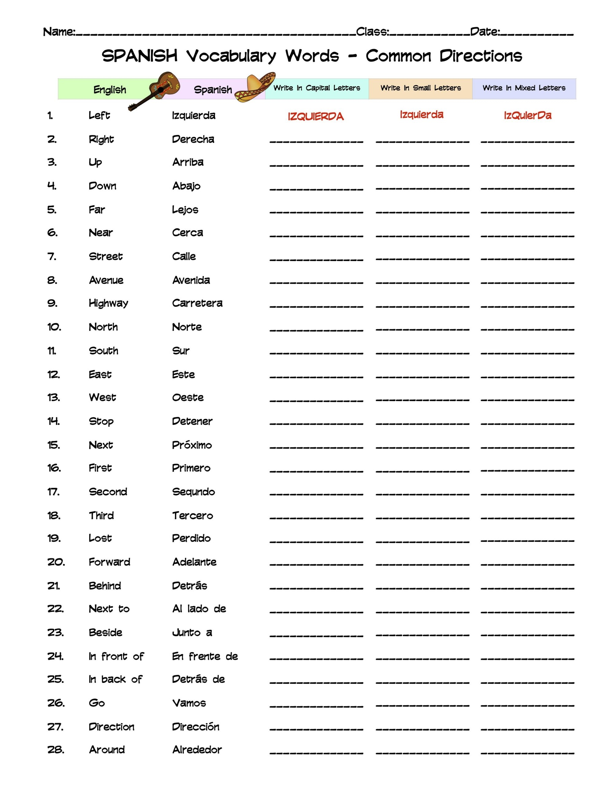 Spanish Common Directions Vocabulary Word List Column Worksheet