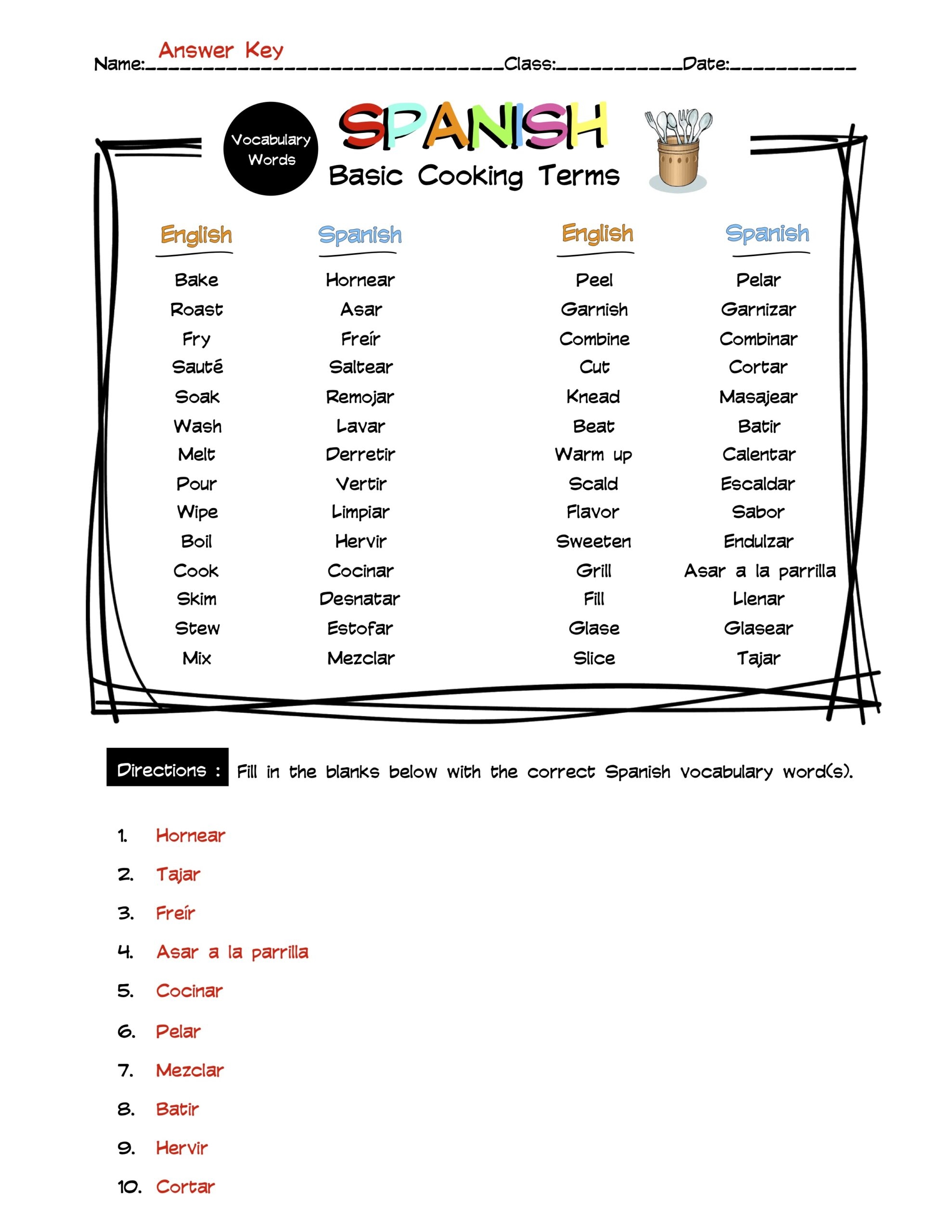 Spanish Cooking Terms Vocabulary Word List Worksheet U0026 Answer Key 