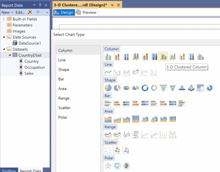 SSRS 3 D Clustered Column Chart