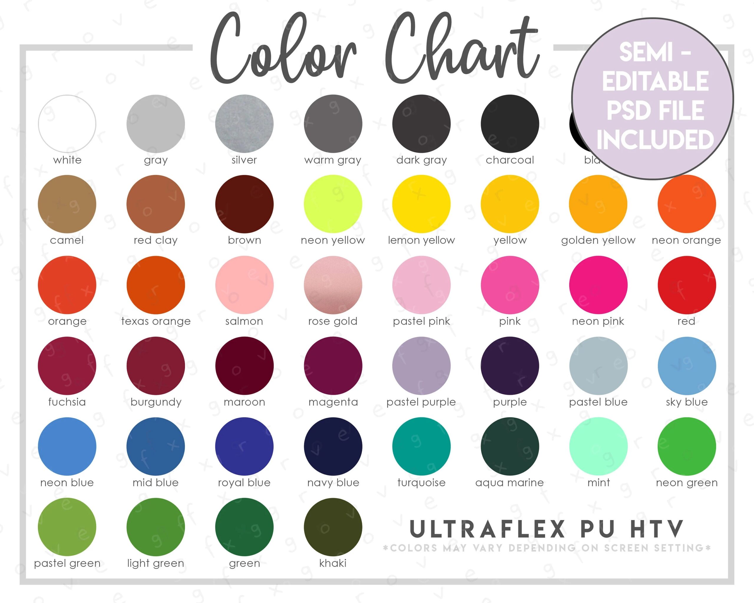 Ultraflex PU HTV Color Chart 44 Colors Semi editable PSD 