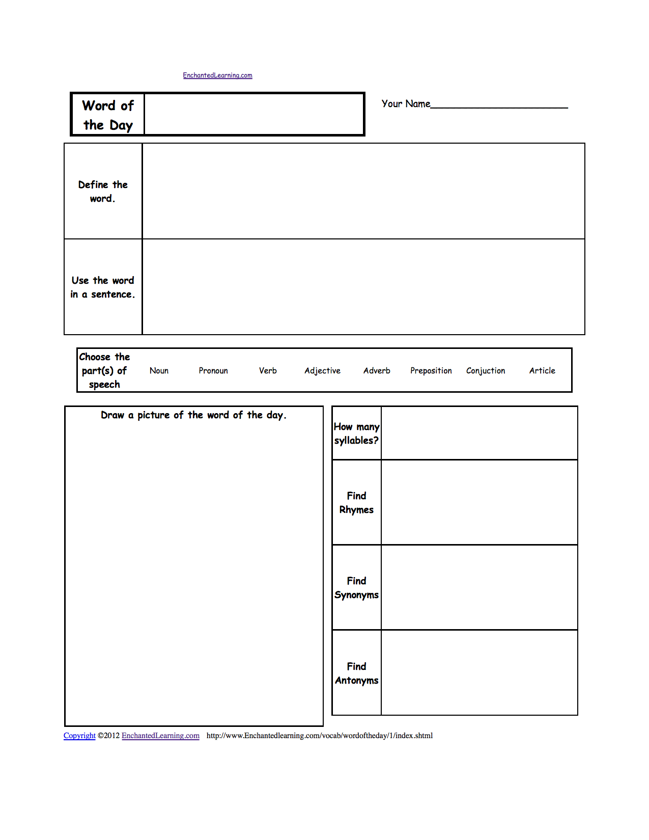 Four Column Vocabulary Chart